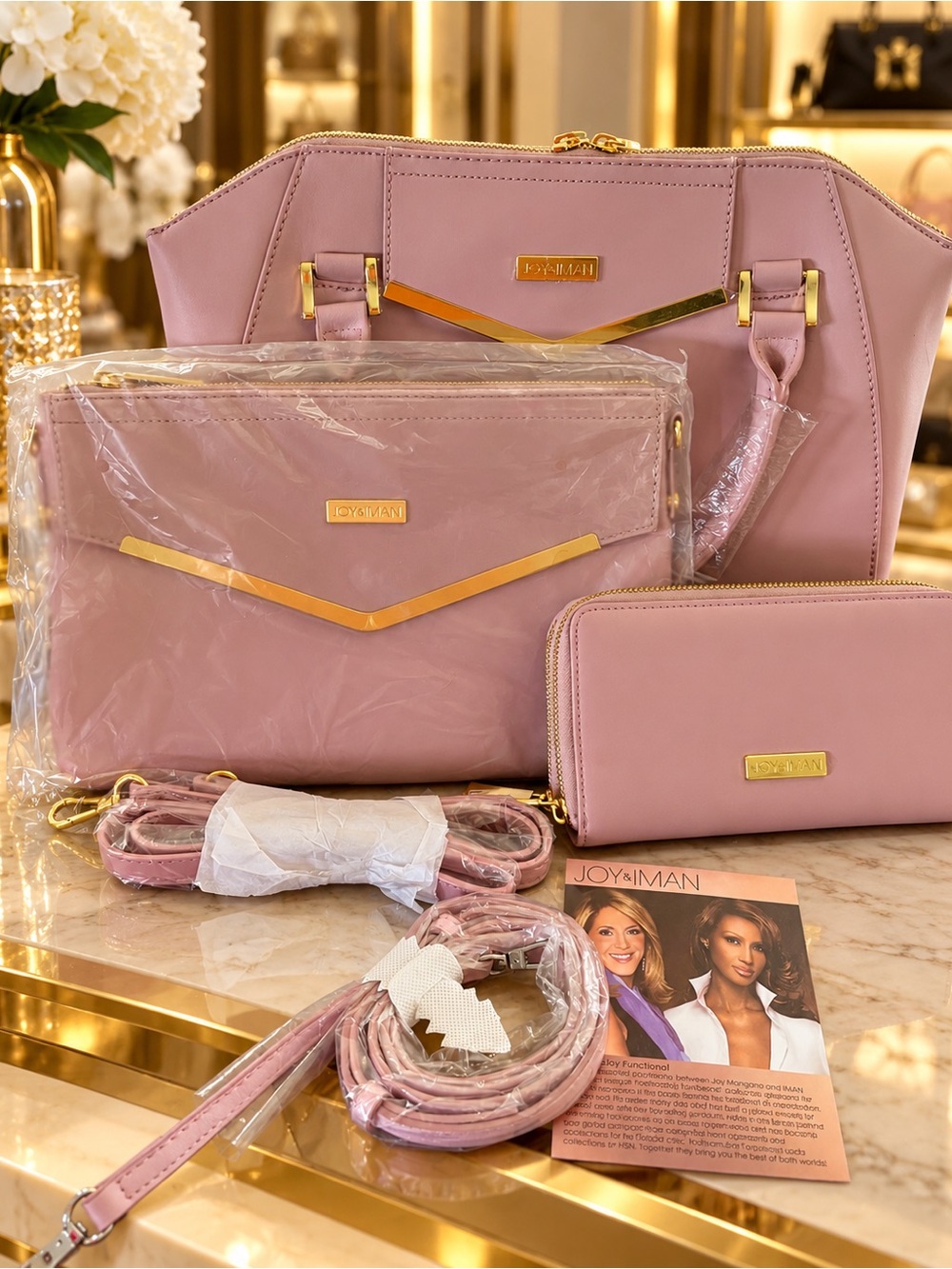 NWOT JOY & IMAN Blush Pink Handbag Set Purse Clutch Wallet + Straps